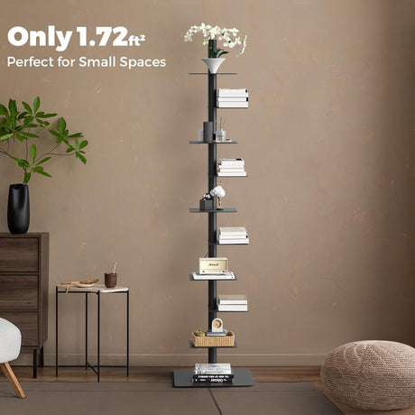 Nidouillet 9-Tier Metal Spine Bookshelf, Adjustable Vertical Tower for Books, Tall & Narrow Ladder Bookcase, Space-Saving Multipurpose Corner Storage Shelf, Display Stand, Tool-Free Assembly, Black Nidouillet