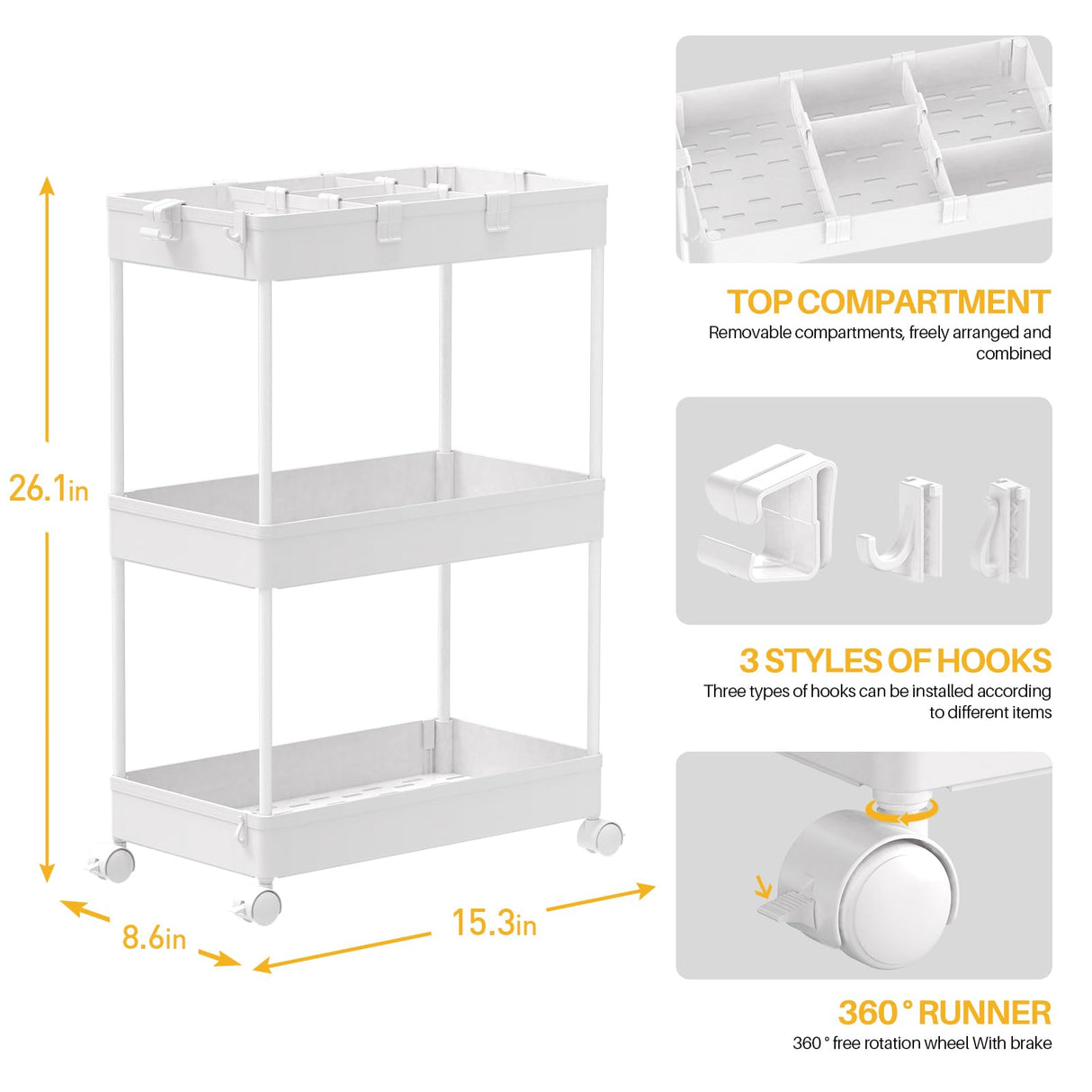 SPACELEAD 3-Tier Utility Storage Cart, Mobile Utility Cart with Lockable Caster Wheels, Rolling Carts Organizer for Bathroom Laundry Kitchen,Used as Book Art Snack lash Makeup Diaper cart, White SPACELEAD