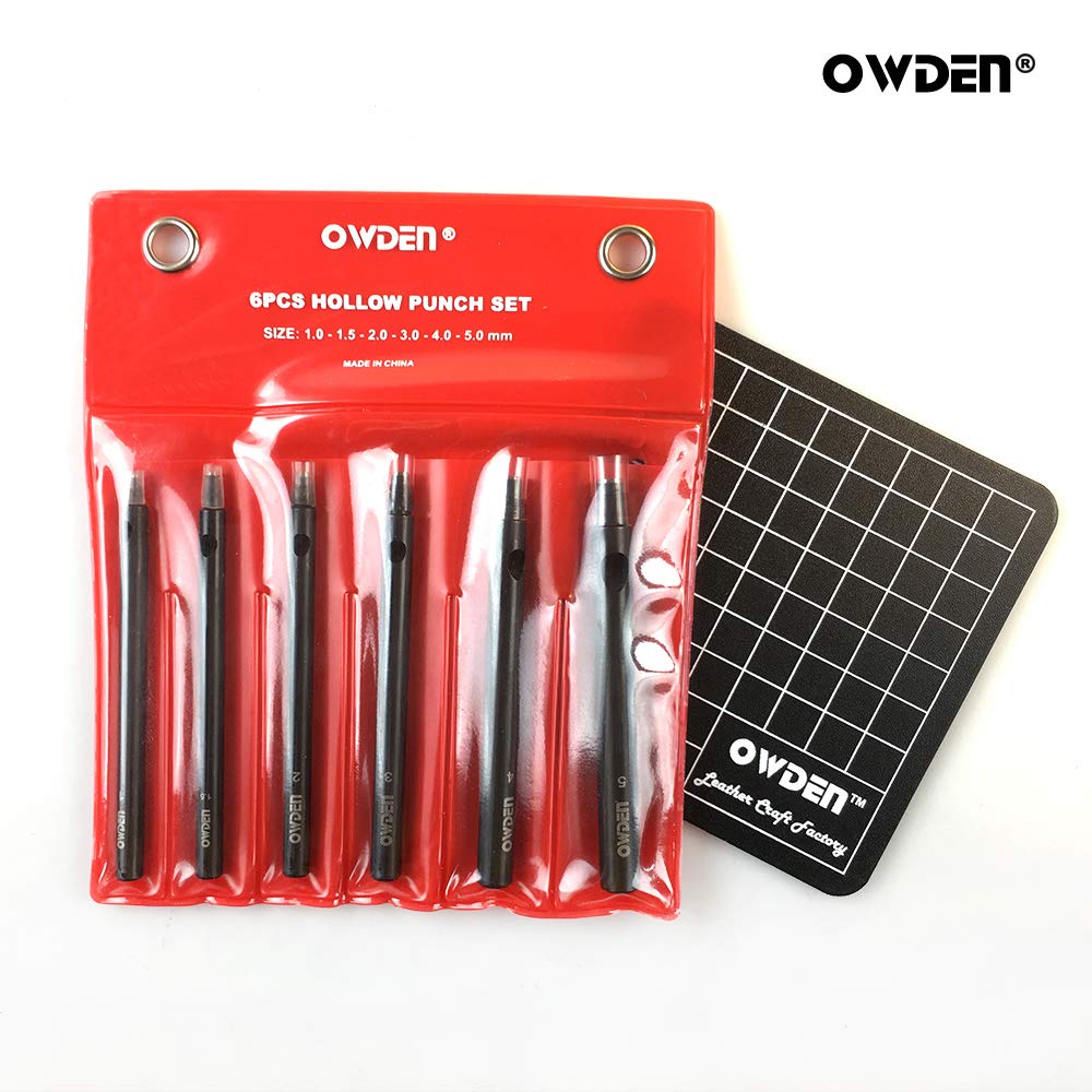 OWDEN Professional 6pc Leather Hollow Punch Set, Size 1.0-5.0mm, Black, Steel, Manual, 6 Holes, Free Mini Cutting Mat OWDEN