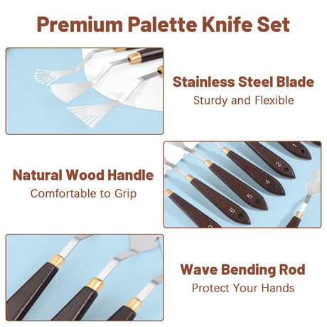14Pcs Palette Knife Set, FHDUSRYO Stainless Steel Painting Knife, Painting Spatula Pallet Knives with Wood Handle, Oil Painting Accessories for Color Mixing, Oil, Canvas, Acrylic Painting FHDUSRYO