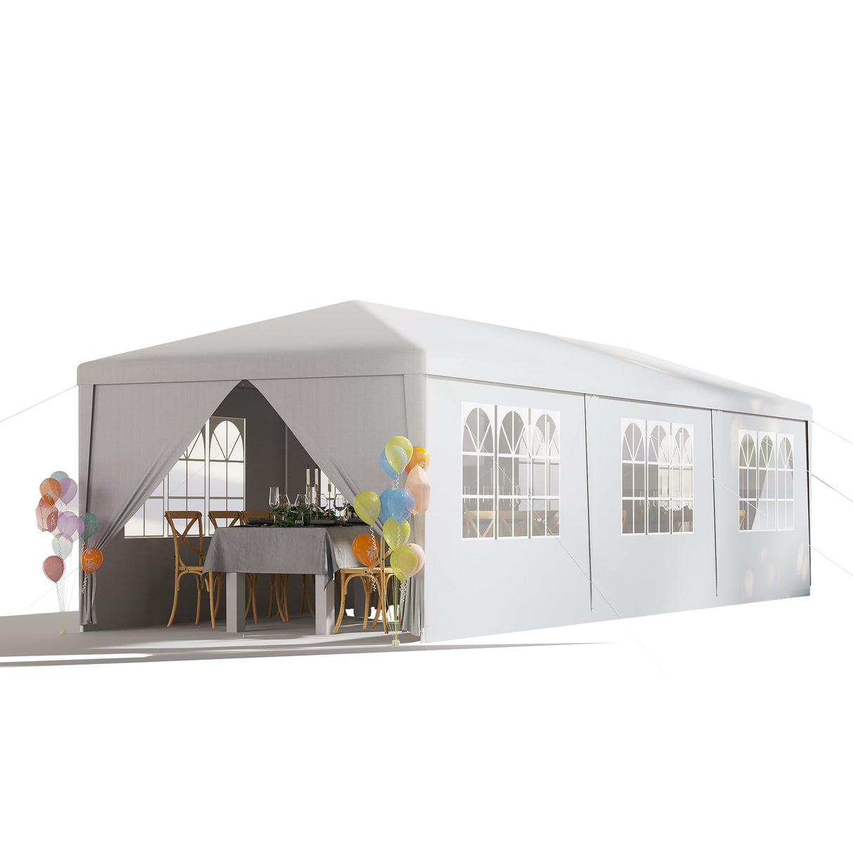 EROMMY 10x30FT Outdoor Party Tent, White Waterproof Event Canopy with 6 Removable Sidewalls & 2 Zipper Doors for Wedding, Birthday, BBQ, and Holiday Celebrations EROMMY