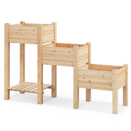 COSTWAY Raised Garden Bed, 3-Tier Wooden Elevated Planter Stand with Open Shelf & Drainage Holes, Outdoor Garden Bed Planting Boxes for Vegetables, Fruits, Flowers, Herbs, Natural COSTWAY