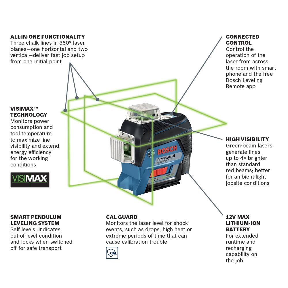 BOSCH GLL3-330CG 200 Ft 12V Max Connected 360 Degree Green-Beam Laser, Includes 2.0 Ah 12V Max Lithium-Ion Battery & Charger, AA1 Alkaline Battery Adapter, Hard Carrying Case, & Accessories - WoodArtSupply