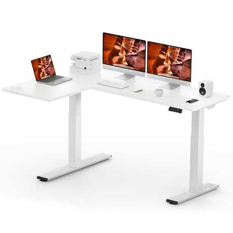 FitStand L Shaped Corner Standing Desk with Dual Motor, Large 71x48 Electric Height Adjustable Gaming Table, Stand up Home Office Desk Computer Workstation, White FitStand