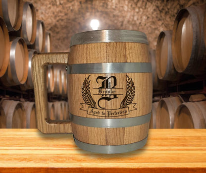 LAS VILLAS DESIGNS Personalized Oak Wood Barrel Beer Mug Tankard with Stainless Steel Interior - Engraved with Your Name - WoodArtSupply