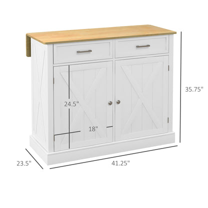 HOMCOM Rolling Kitchen Island with Drop Leaf Wood Breakfast Bar, Farmhouse Kitchen Cart with 2 Drawers, Adjustable Shelves for Dining Room, White - WoodArtSupply