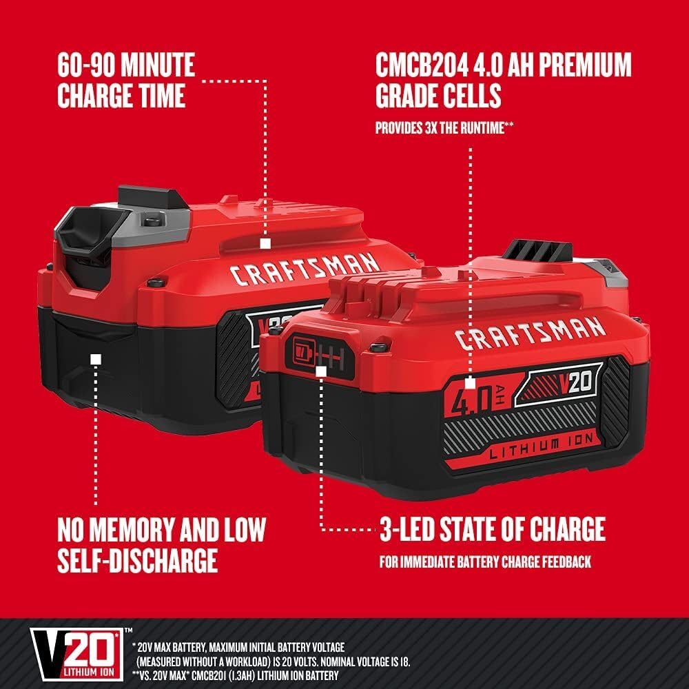 CRAFTSMAN 20V Power Tool Battery 2-Pack, Lithium-ion with Charger (CMCB204-2CK) CRAFTSMAN