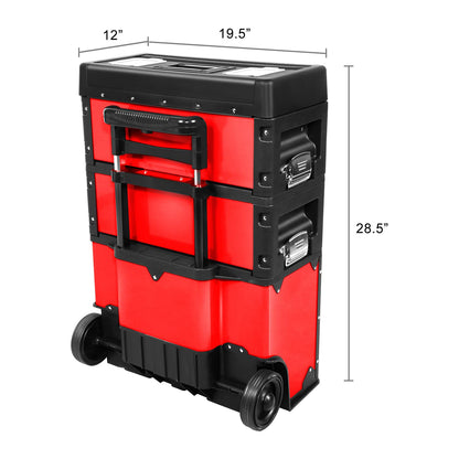 ‎DNA MOTORING TOOLS-00222 ‎19.5" x 28.5" x 12" ‎3-Tier Stackable Separate Hand Case Tool Boxes Trolley, 3-in-1 Storage Compartments, Red