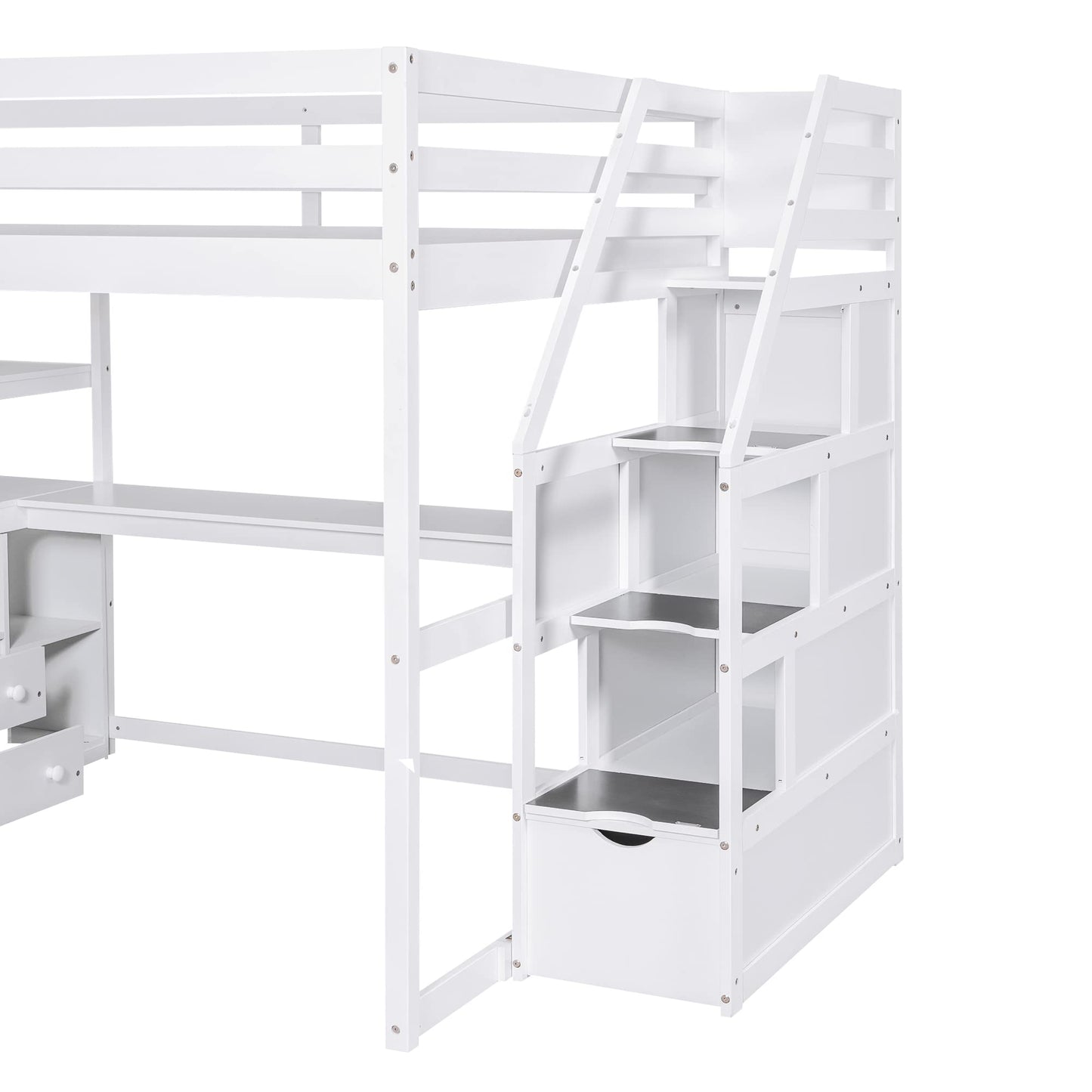 SOFTSEA Multi-Functional Full Loft Bed with Desk, Stairs, and Storage in White - WoodArtSupply