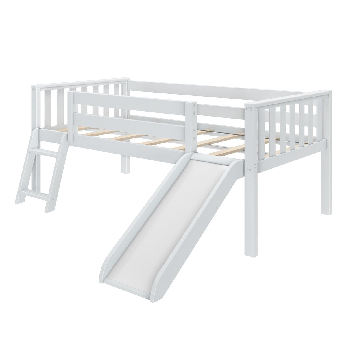 Max & Lily Twin Ultra Low Loft Bed with Slide and Climbing Ladder, Solid Wood Bed for Kids, Space Saving Design for Small Rooms, Twin Size Loft Bed with 14 Inch Guardrails, Anti Slip Steps, White Max & Lily