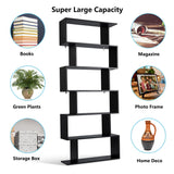 Tangkula 6-Tier Geometric Bookcase, Modern S-Shaped Storage Display Bookshelf for Living Room, Anti-Toppling Device, Home Office Wooden 6 Shelf Open Bookcase (1, Black) Tangkula