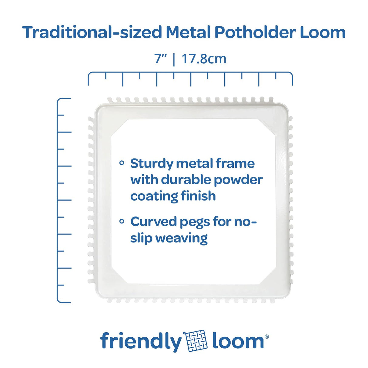 Friendly Loom 7” Traditional Potholder Weaving Kit | Sturdy Metal Loom and Quality Cotton Weaving Loops in Rainbow Colors | Complete Kit to Weave 2 Functional Potholders | Made in the USA Harrisville Designs