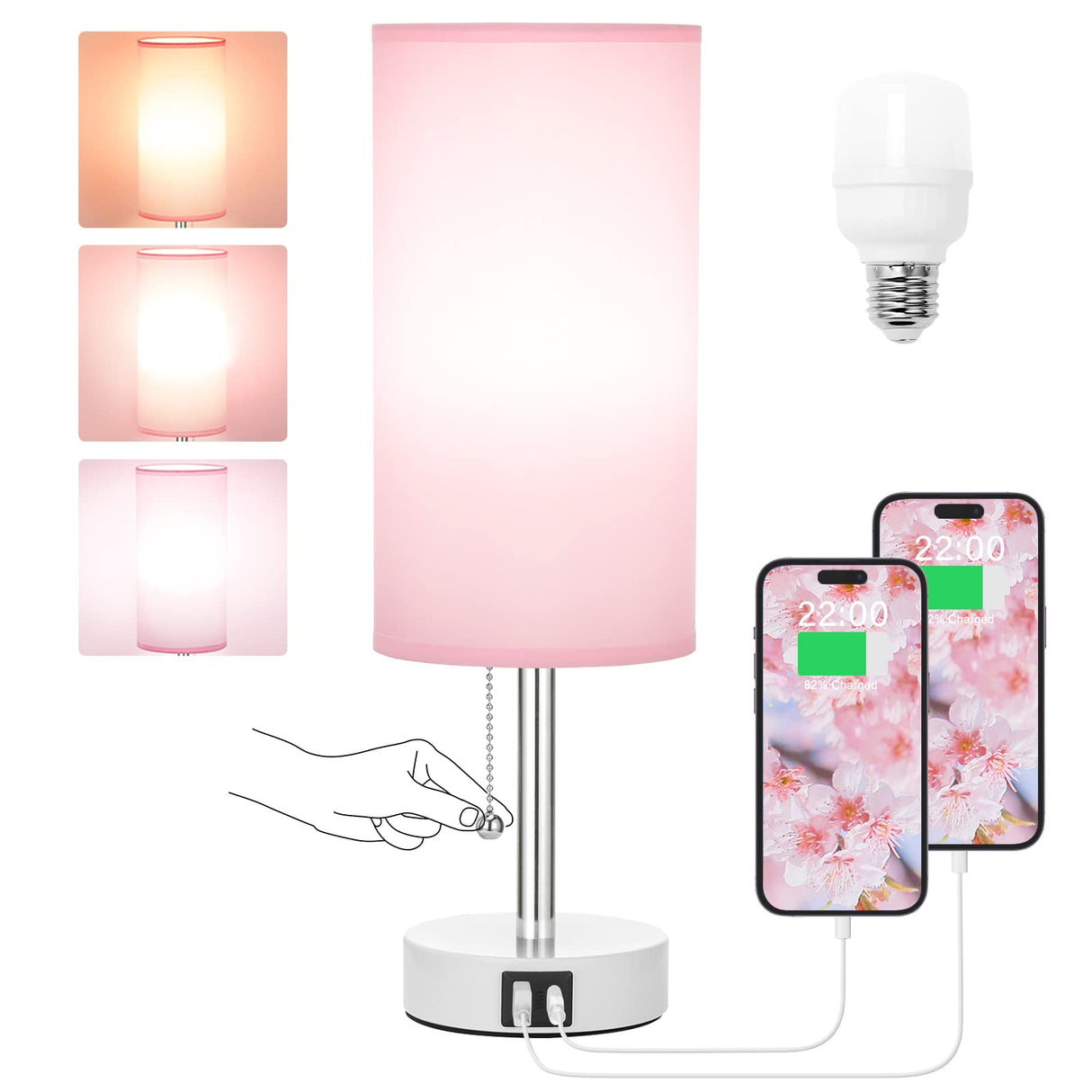 Hong-in Pink Lamp for Bedroom,Nightstand Lamp with 3 Color Modes-Small Bedside Lamp with USB-C+A Charging Ports, Pull Chain Bedroom Table Lamp for Bedroom, Office, Kids Room(Bulb Included) Hong-in