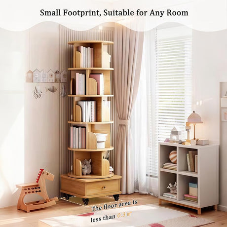 Dulamiy 6 Tier Rotating Bookshelf, 360° Display Round Spinning Bookshelf with Wheels and Drawer, Space-Saving, Small Space Rotating Book Shelf Tower for Bedroom, Living Room, Home, Office, Wood Color Dulamiy