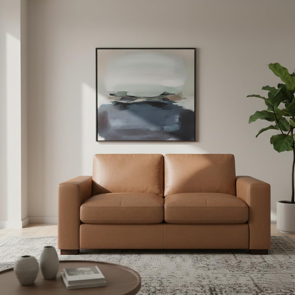 Naomi Home Freya Genuine Leather Loveseat Sofa - Luxurious Comfort, Goose Feather Cushion Filling, Square Arm Design, Sturdy Block Legs, Elegant Tan - Ideal for Living Room, Office, or Bedroom Naomi Home