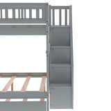P PURLOVE Stackable Full Over Full Bunk Bed with Trundle, Wood Stairway Storage Bunk Bed with Storage Shelf for Kids Teens, Full Bunk Bed can Be Divided into 3 Individual Beds,Gray Bed Frame P PURLOVE