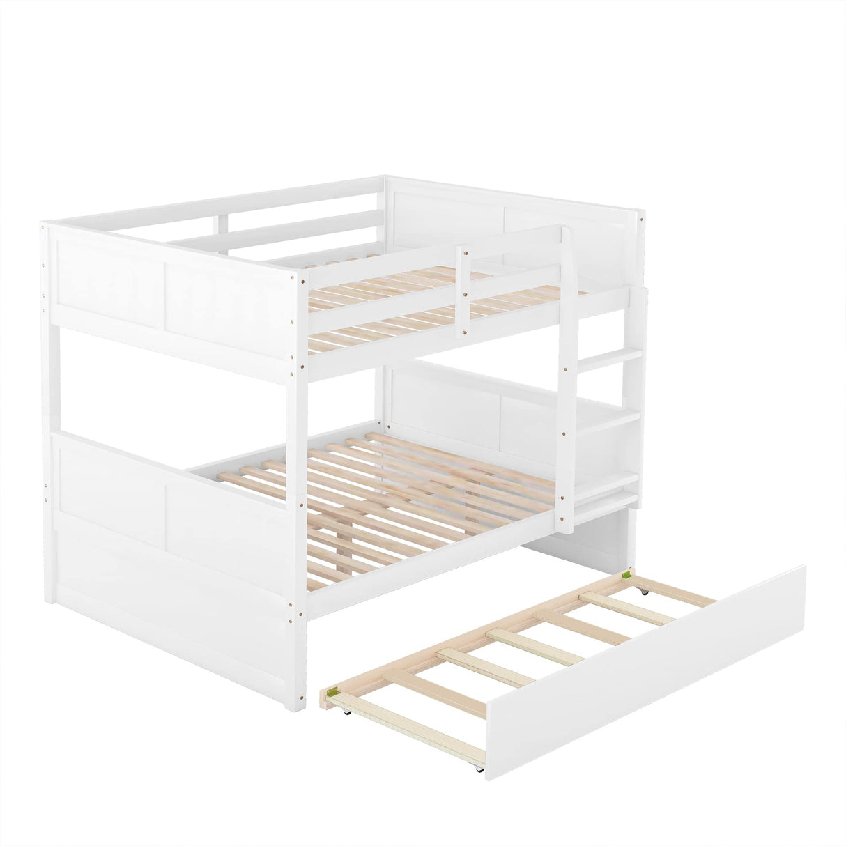 Merax Full Over Full Bunk Bed with Trundle,Wooden Trundle Bed Frame with Ladder Safety Guardrail,Convertible to 2 Platform Beds for Kids Teens,White Merax