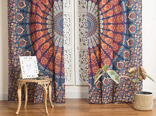 Popular Handicrafts Indian Hippie Bohemian Beautiful Peacock Mandala Curtain Panels Room Divider Blue Popular Handicrafts