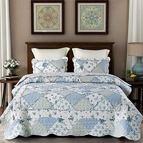 VIVILINEN Blue Floral Patchwork Quilt Set King Size Reversible Quilted Bedding Set with 2 Pillowcases VIVILINEN