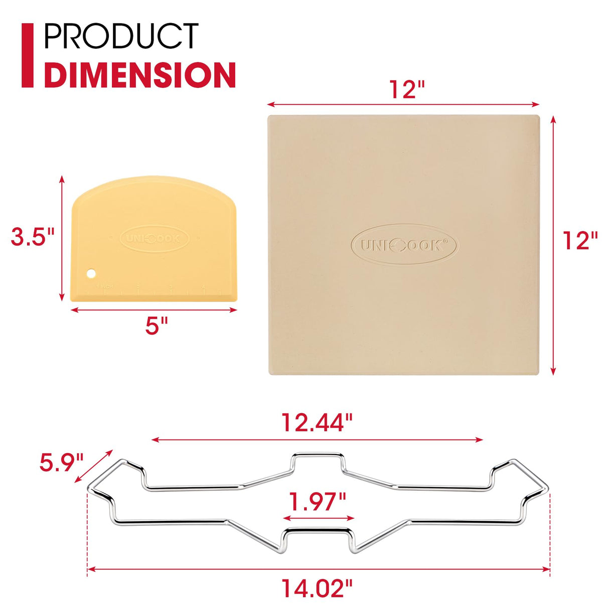Unicook 12 Inch Square Pizza Stone for Oven and Grill, Oven Baking Stone for Bread, Cordierite Pizza Pan for Baking Crispy Pizzas, Bread and Cookies, Includes Carry Rack and Pizza Dough Scraper Unicook