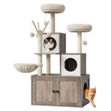 Litter Box Enclosure with Cat Tree Tower and Condo, Hidden Cat Washroom Furniture with Sisal Scratching Post & Soft Plush Perch, Wooden Cat Furniture with Multiple Platforms,Griege Amenitlif