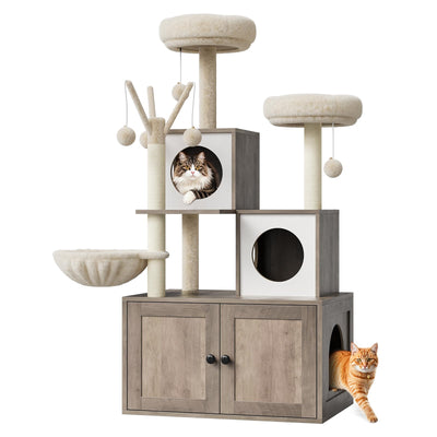 Litter Box Enclosure with Cat Tree Tower and Condo, Hidden Cat Washroom Furniture with Sisal Scratching Post & Soft Plush Perch, Wooden Cat Furniture with Multiple Platforms,Griege