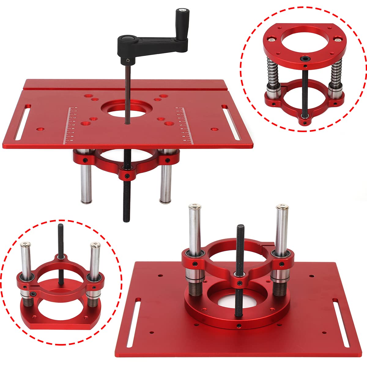 KETIPED Adjustable Router Lift for 65mm Diameter Universal Trimming Machine,Aluminum Under-Table Router Base for Router Table Insert Base Plate with Double Stainless Steel Support Rod,MG-061RED KETIPED