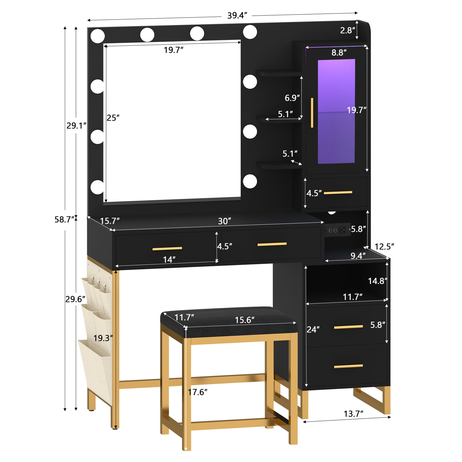 Makeup Vanity Table Set with LED Lights & Charing Station, Large Make up Vanity Desk with Mirror and Lights, Dressing Vanity Table with Nightstand & Soft Stool, Black Vanity with Drawers & RG - WoodArtSupply