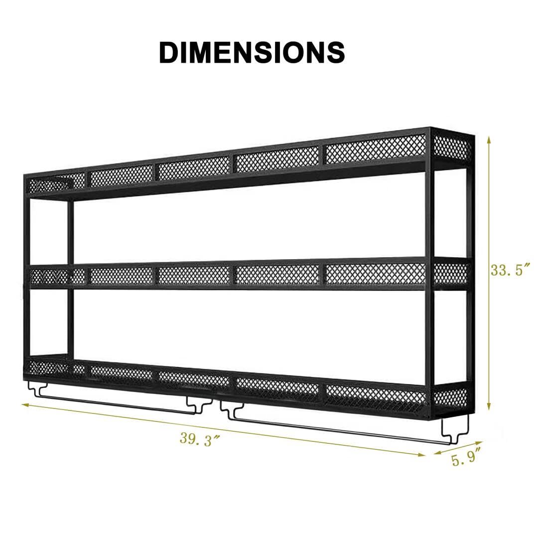 GWLQRTXV X2 39in Wine Rack with LED Lighting Wall Mounted Glass Holder, 3-Tiers Liquor Bottles Shelves Display Storage Organizer Hanging Long Stemware Goblet Metal for Home Mini Bar Cellar Black GWLQRTXV