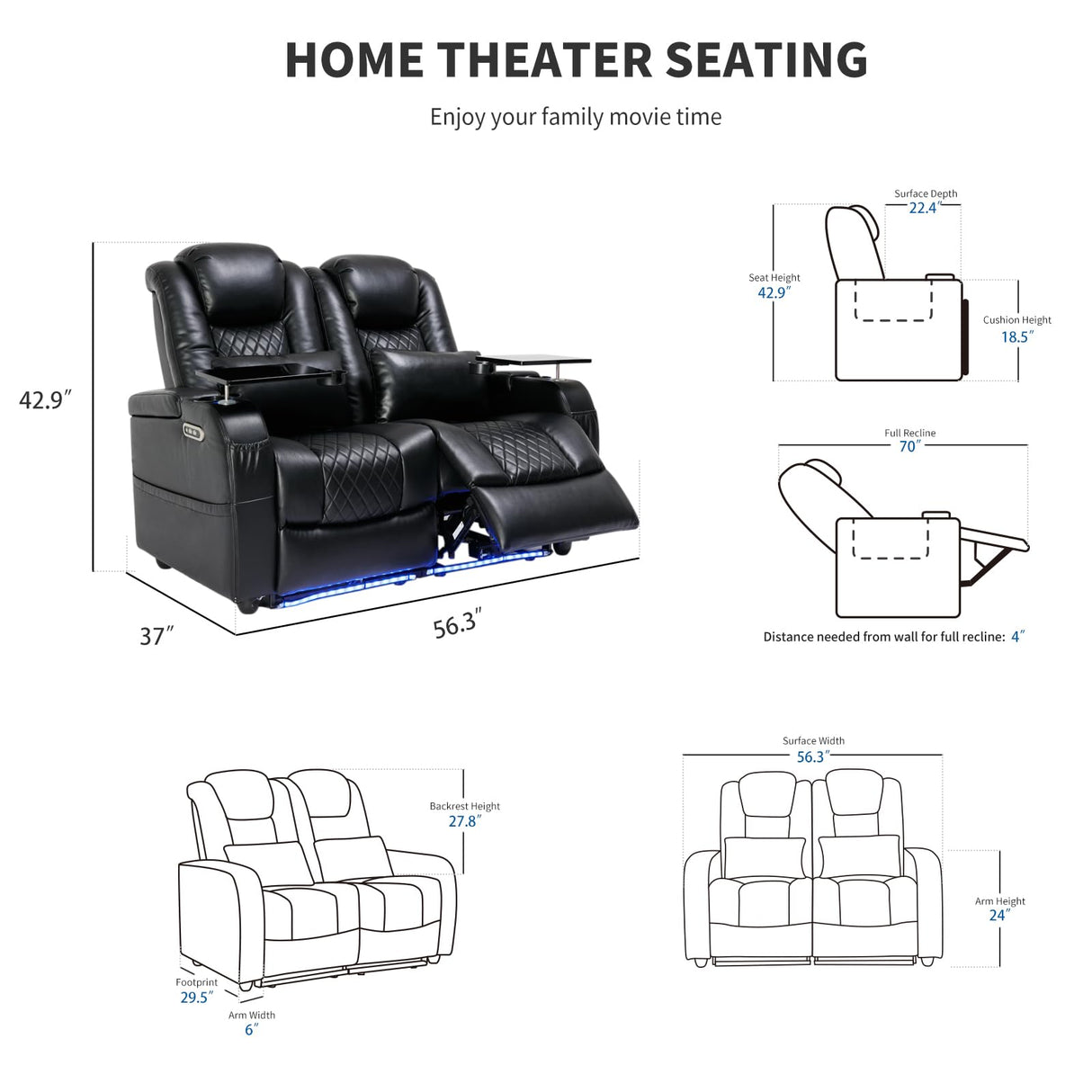 Airadlis Home Theater Seating Seats, Game Movie Theater Chairs Theater Recliner Sofa with 7 Colors Ambient Lighting, Lumbar Pillow, Side Pocket, Tray Table, Power Recline, Black Airadlis