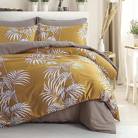 Modern Vintage Retro Mod Print Bedding Egyptian Cotton Duvet Cover Set Minimalist Chic Botanical Design Asian Zen Style Reversible Pattern in Full or Size Mustard Yellow (Mustard Yellow, Super King) Eikei
