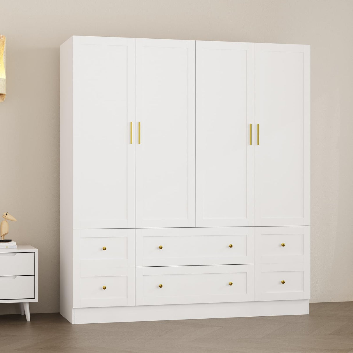 Hitow 4-Door Armoire Wardrobe Closet with Hanging Rod, White Clothing Storage Cabinet with Drawer Organization, 70.9" Tall Wooden Bedroom Wardrobe Armoire for Hanging Clothes Hitow