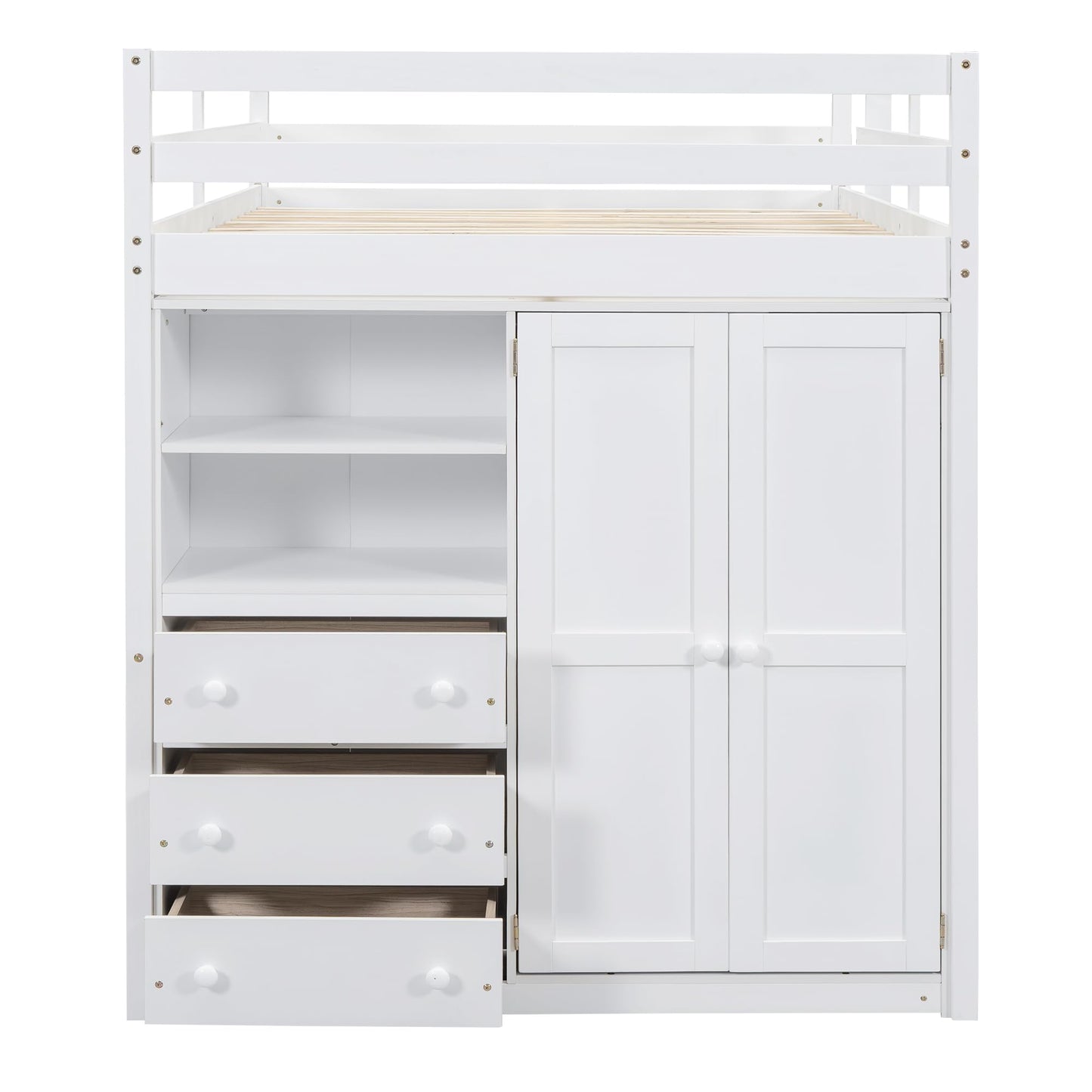 White Full Size Loft Bed with Desk & Wardrobe, Solid Wood Kids Loft Bedframe w/3 Storage Drawers & 2 Shelves, Maximum Space Design, for Bedroom, Dorm