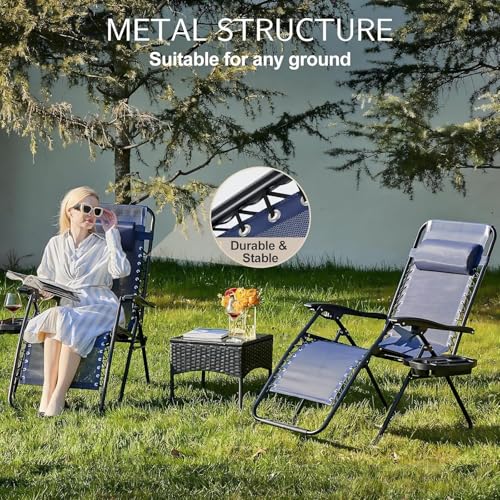 Sweetcrispy Zero Gravity Chairs, Set of 4 Portable Recliner Beach Camping Patio Outdoor Folding Lounge Chair with Cup Holder Trays and Adjustable Pillow for Poolside, Garden, Backyard, Lawn (Blue)
