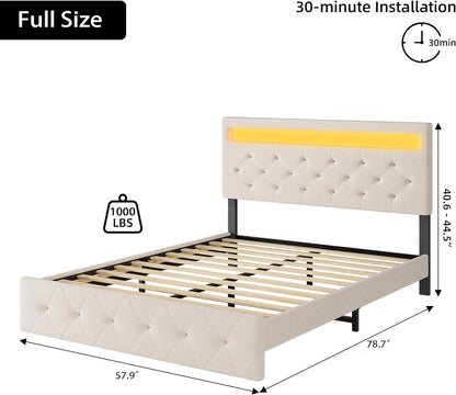 GarveeHome Full Size Upholstered Bed Frame with RGB LED Lights and Charging Station - WoodArtSupply