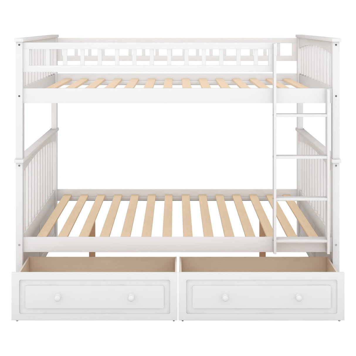Full Size Bunk Bed with 2 Storage Drawers,Wooden Full Bunk Bed Frame with Fence-shaped Guardrails and Ladder, Convertible into 2 Platform Beds with Headboard and Footboard, No Box Spring Needed, White Janusline