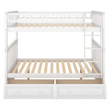 Full Size Bunk Bed with 2 Storage Drawers,Wooden Full Bunk Bed Frame with Fence-shaped Guardrails and Ladder, Convertible into 2 Platform Beds with Headboard and Footboard, No Box Spring Needed, White Janusline
