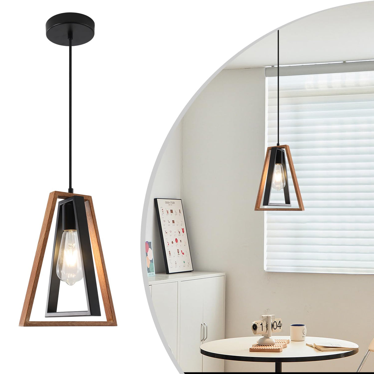 Magiroz Industrial Farmhouse Black and Wood Pendant Lights Kitchen Island 1 Light Adjustable Rustic Mini Wooden Hanging Light Fixtures Kitchen Single Pendant Lighting Over Island MPL28-1 (1 Pack) Magiroz