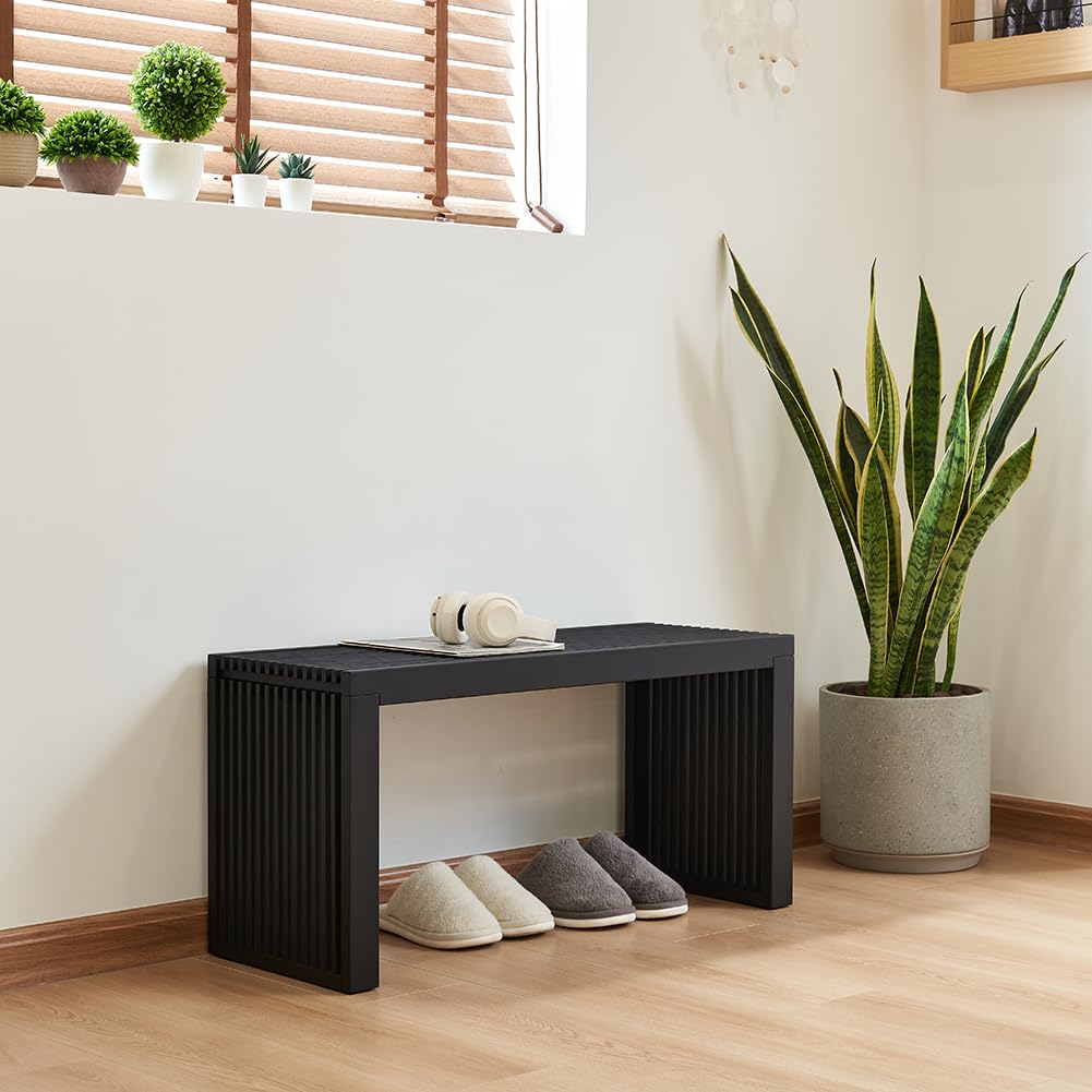 Versatile Wooden Slatted Bench - Sleek Modern Design for Dining, Entryway, Bedroom - Indoor Use with Storage Capability for Home, Kitchen, Bathroom & Beyond (Black) Berkvee