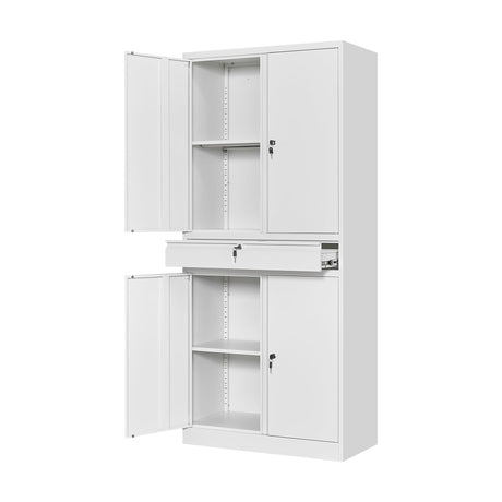 STANI Metal Garage Storage Cabinets with Drawer, 4 Doors Tool Storage Cabinet with 2 Adjustable Shelves, 71"-Lock Steel Locking Cabinet for Garage Utility Room Home Office (White, 0 Wheel-71 H) STANI