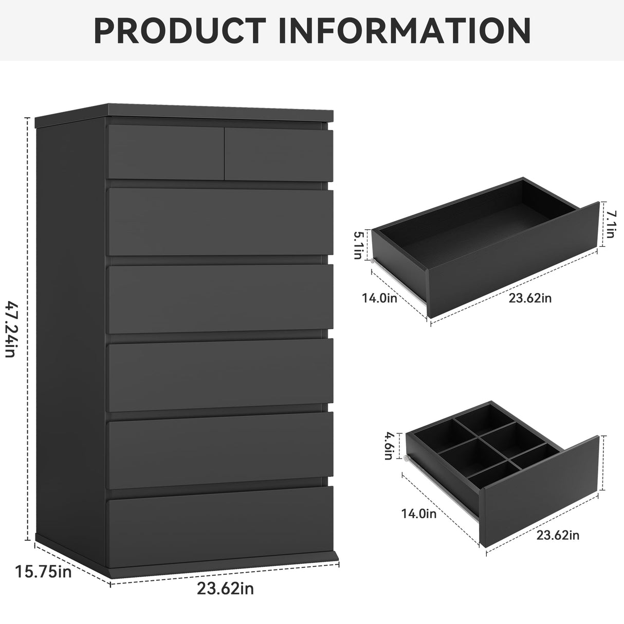 Black Tall 7 Drawer Dresser for Bedroom, Modern Wood Closet Dressers & Chests of Drawers with Jewelry Storage, 23.6" L*15.8" W*47.5" H in Large Vertical Dresser for Bedroom, Living Room, Nursery Jocoevol