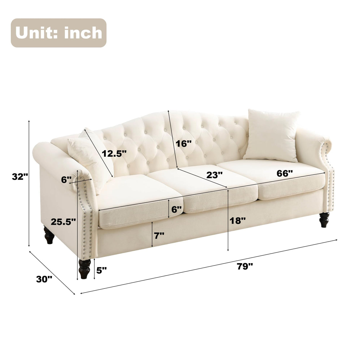 ATUMON 79" 2 Piece 3-Seater Velvet Chesterfield Sofa Couch for Living Room, Combination Sofa with 4 Pillows,Button Tufted Trimming Curved Backrest Rolled Arms with Black Legs, Beige ATUMON