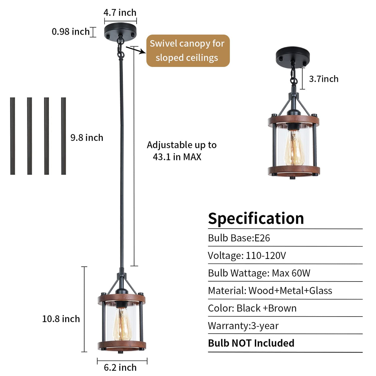 Ejerlya Farmhouse Pendant Light, Rustic Walnut Wood Metal Cage Hanging Light Fixtures with Glass, Adjustable for Flat and Slop Ceiling, Pendant Lighting for Kitchen Island Foyer Hallway,2-Pack Ejerlya