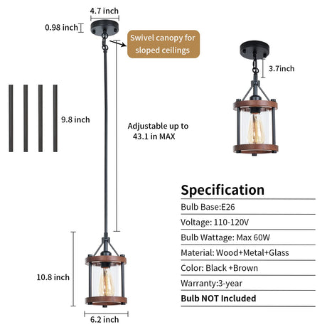 Farmhouse Pendant Light in Wood and Metal Cage, Rustic Brown Wood Pendant Light with Glass, Adjustable Hanging Light Fixtures, Mini Pendant Lighting for Kitchen Island, Hallway, Foyer, 1 Pack Ejerlya