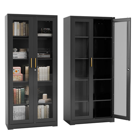 Kubohogar 71" Metal Display Cabinet with Glass Doors, Locking Curio Cabinets with 4 Adjustable Shelves, Glass Display Case for Collectibles, Metal Storage Cabinet Kubohogar
