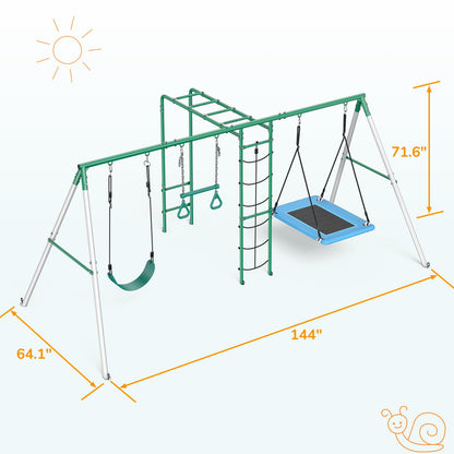 Hapfan Swing Sets for Backyard with Monkey Bars, Belt Swing, Platform Swing, Climbing Net, Trapeze Bar, Outdoor Playset for Kids - WoodArtSupply