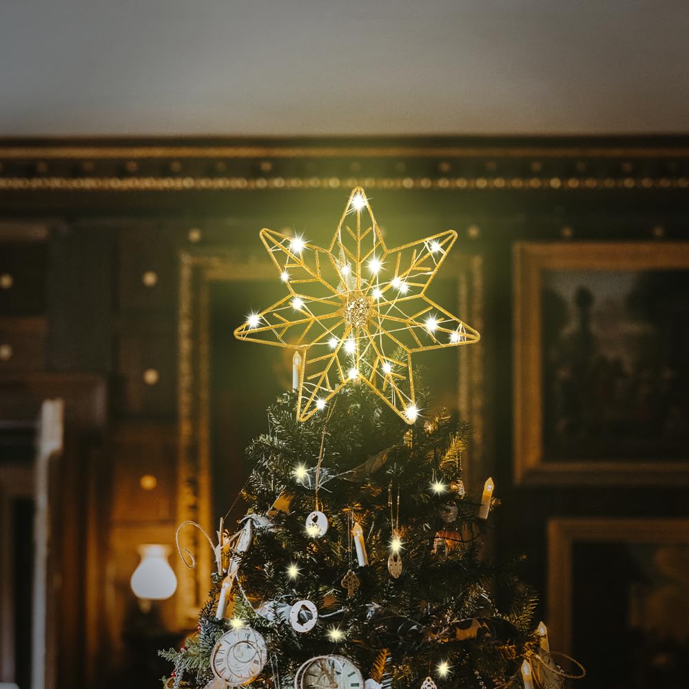 YEAHOME Christmas Tree Topper, Gold Glittered Hollow 7-Point Star Tree Topper, Lighted Wire Star with 20 LED Lights for Christmas Treetop, Xmas Tree Topper with Timer, Christmas Tree Decorations