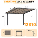 AECOJOY 12' x 10' Gazebo, Outdoor 10x12 Pergola Carport for Patio, Freestanding Lean to Hardtop Gazebo, Pergolas and Gazebos Clearance with Roof, Wall-Mounted Heavy Duty Metal Awnings for Patio, Decks AECOJOY