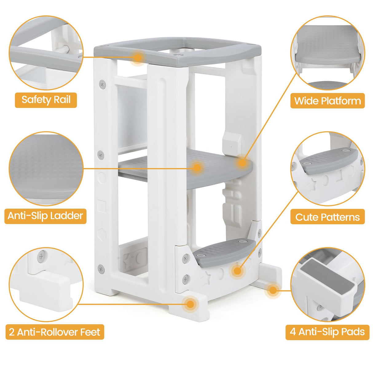 Toddler Tower Toddler Step Stool with Whiteboard & 4 Adjustable Heights, Toddler Kitchen Stool Helper with Safety Rail, Baby Standing Tower Montessori Learning Step Stools for Kids Boys Girls Children RONIPIC