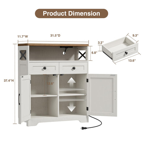 31.5" White Storage Cabinet with Doors & Drawers, Farmhouse Sideboard Buffet Cabinet with Storage, Kitchen Pantry Hutch Cabinet, Coffee Bar Cabinet Table Station for Kitchen, Livingroom, Dining Room FiveWillowise